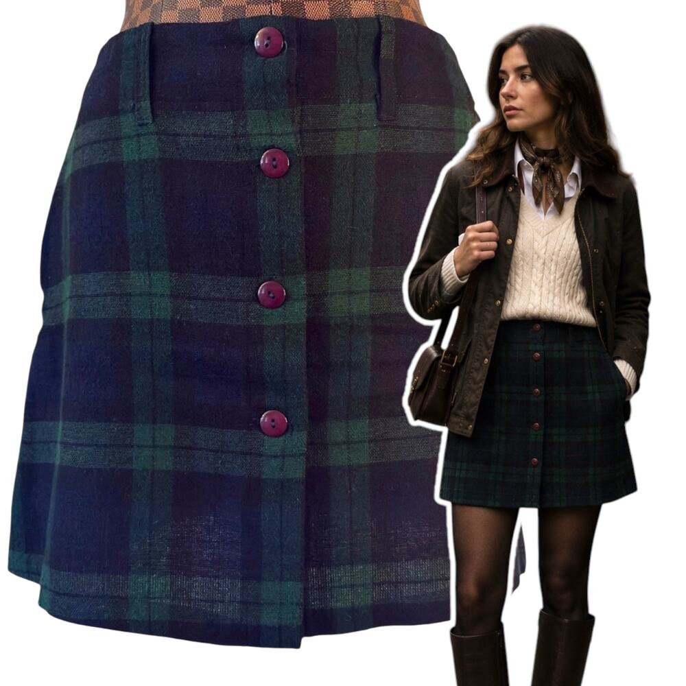 Cristina Vintage Wool Plaid Skirt Size 11 Blue Green Tartan Punk Grunge Academia